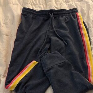 Womens Retro Style Navy Joggers with Rainbow Stripes